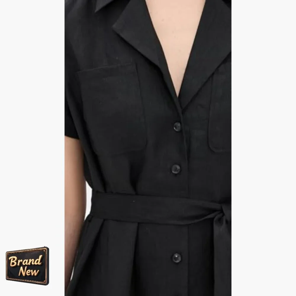 Linen Midi Shirt Dress with Button Front and Tie Waist